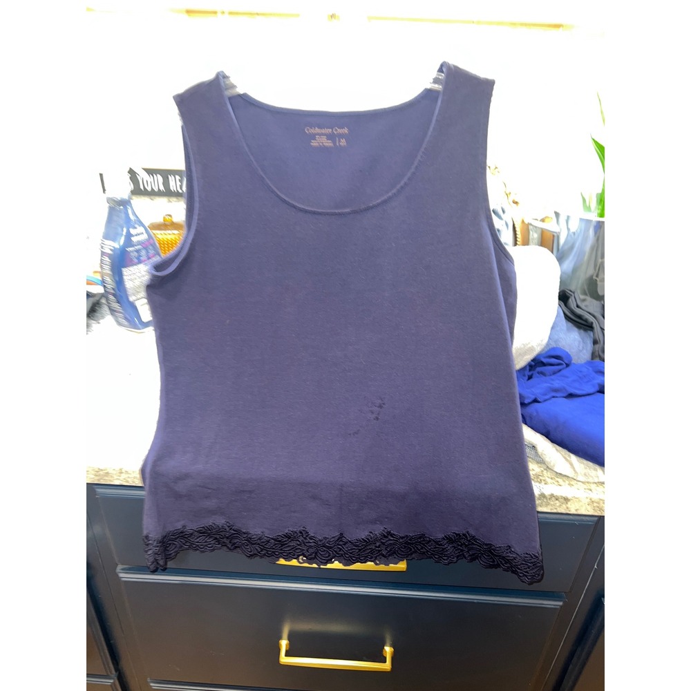 Coldwater Creek Womens Navy Blue Lace Trim Scoop Neck Tank Top Size M 10-12